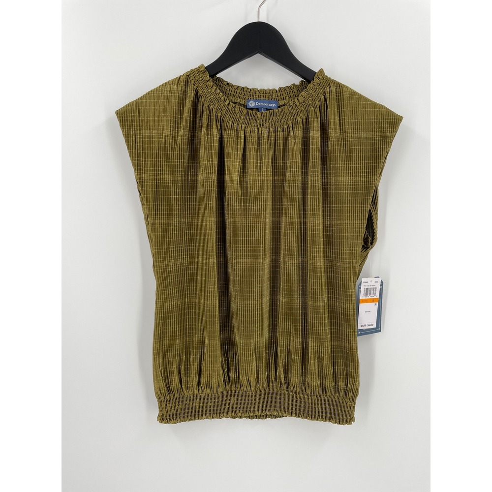 Democracy Metallic Plaid Smocked Blouse Olive Gold Cap Sleeve NWT Small - Picture 1 of 9